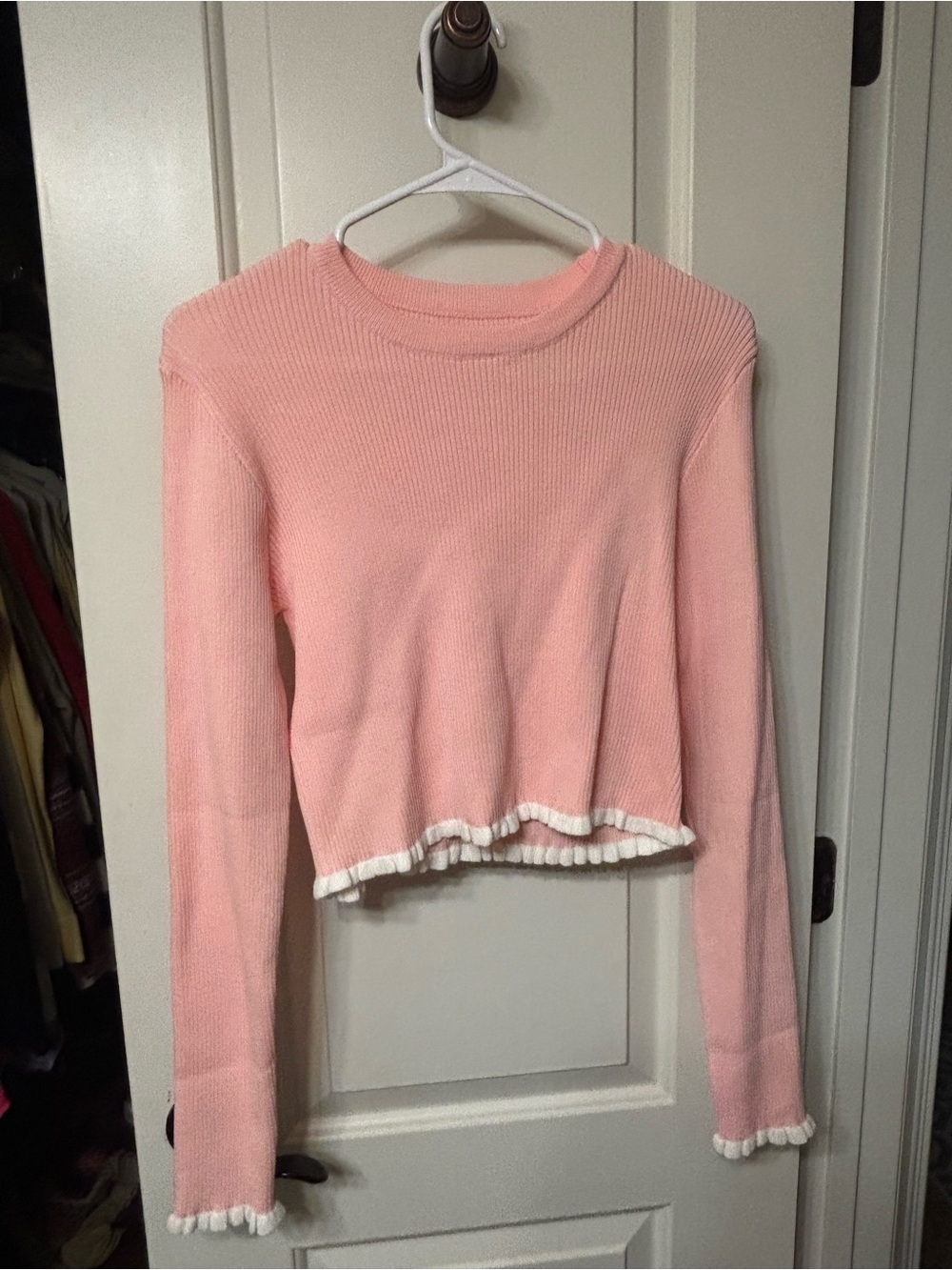 SHEIN Pink Long-Sleeve Knit Top with White Ruffle Trim